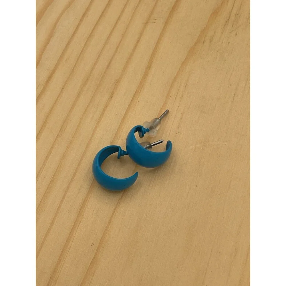 Vtg 80s Blue Matte Chunky Hoop Earrings Retro Mod C-Shape Studs